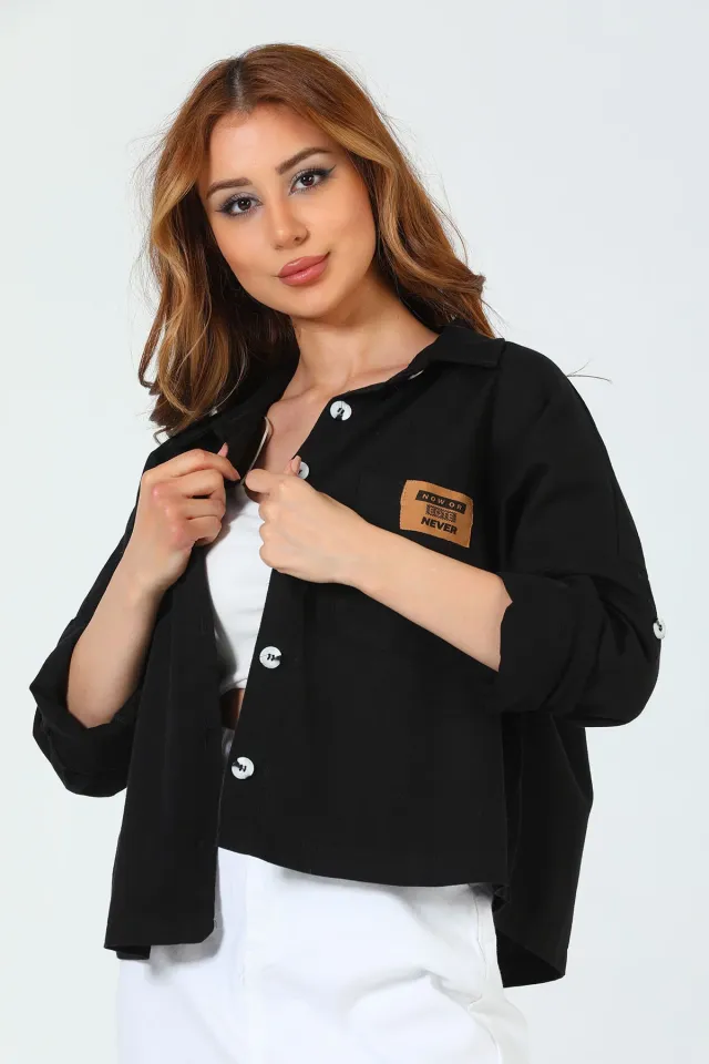 Kadın Kol Apoletli Gabardin Ceket Gömlek Siyah