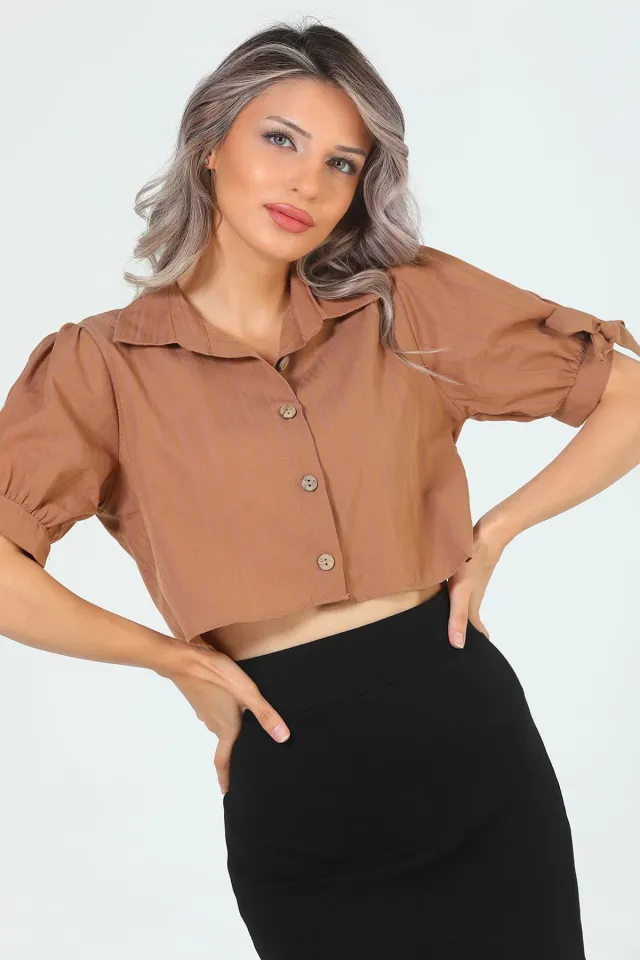 Kadın Kol Bağlama Detaylı Crop Gömlek Vizon