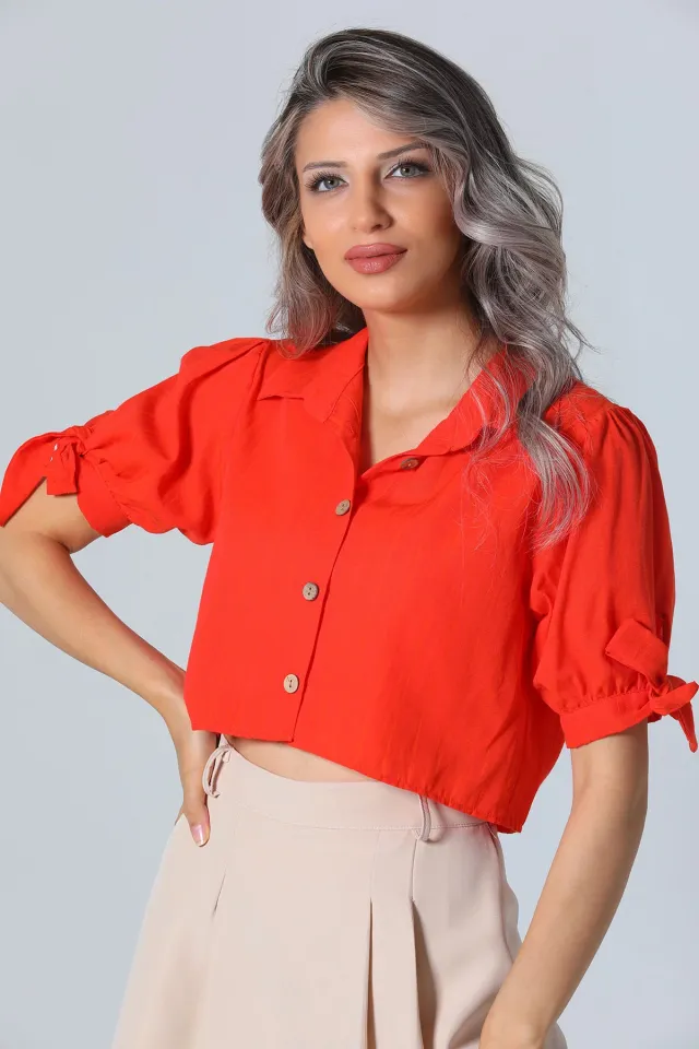 Kadın Kol Bağlama Detaylı Crop Gömlek Orange