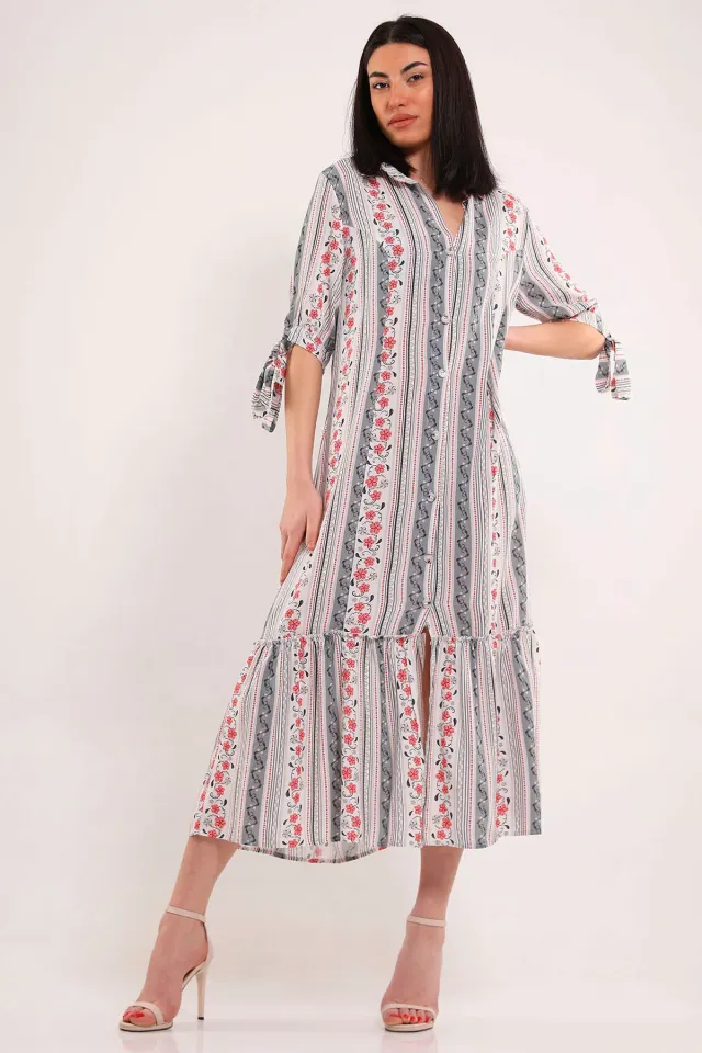 Kadın Kol Bağlamalı Etek Ucu Yırtmaçlı Desenli Elbise Gri