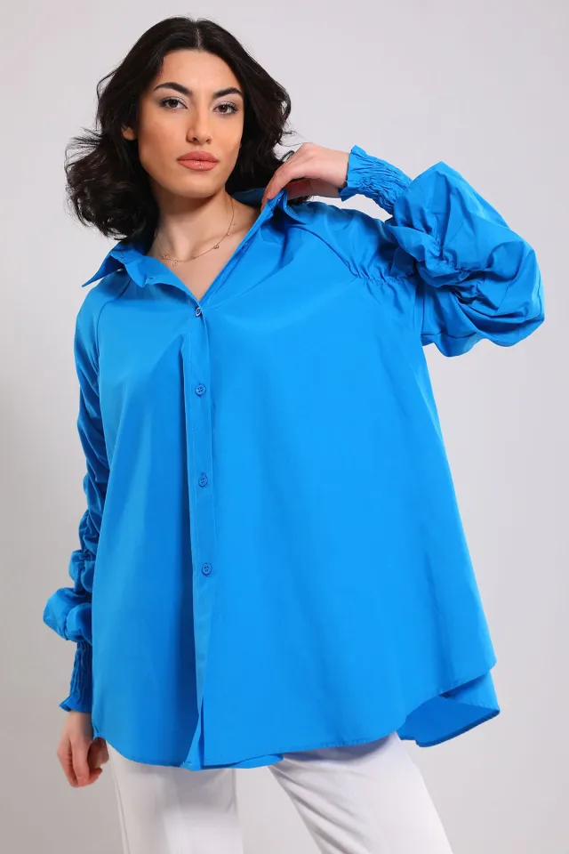 Kadın Kol Büzgü Detaylı Lastikli Salaş Gömlek Saksmavisi