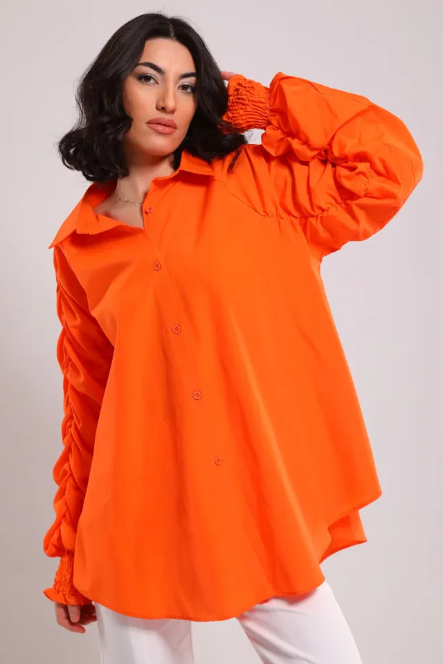 Kadın Kol Büzgü Detaylı Lastikli Salaş Gömlek Orange