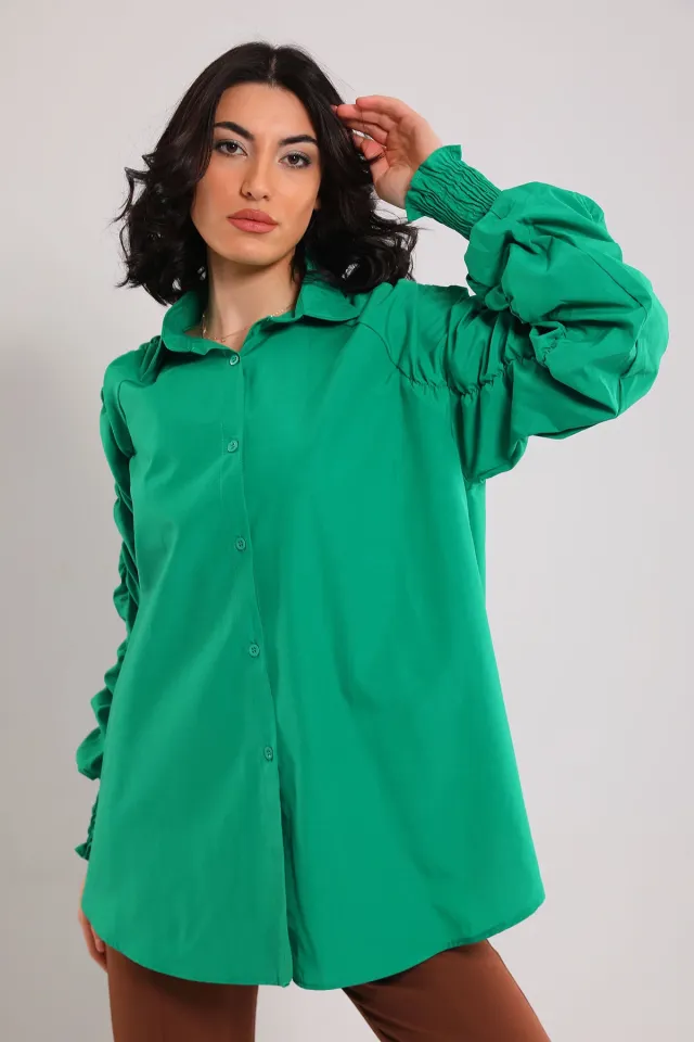 Kadın Kol Büzgü Detaylı Lastikli Salaş Gömlek Yeşil
