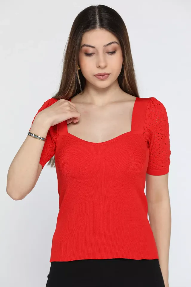 Kadın Kol Detaylı Mevsimlik Triko Bluz Kırmızı