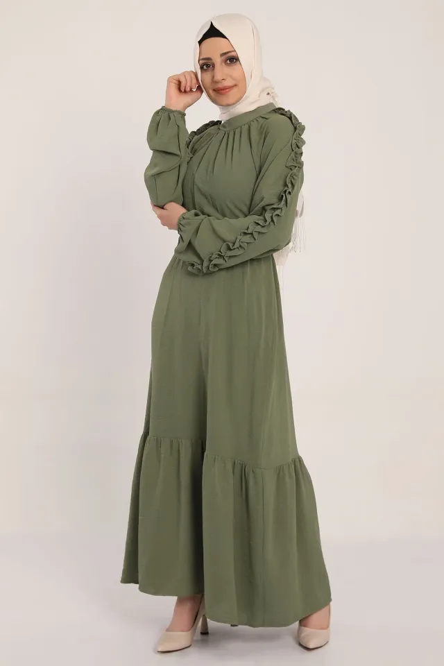 Kadın Kol Fırfır Detaylı Beli Kuşaklı Uzun Elbise Yeşil
