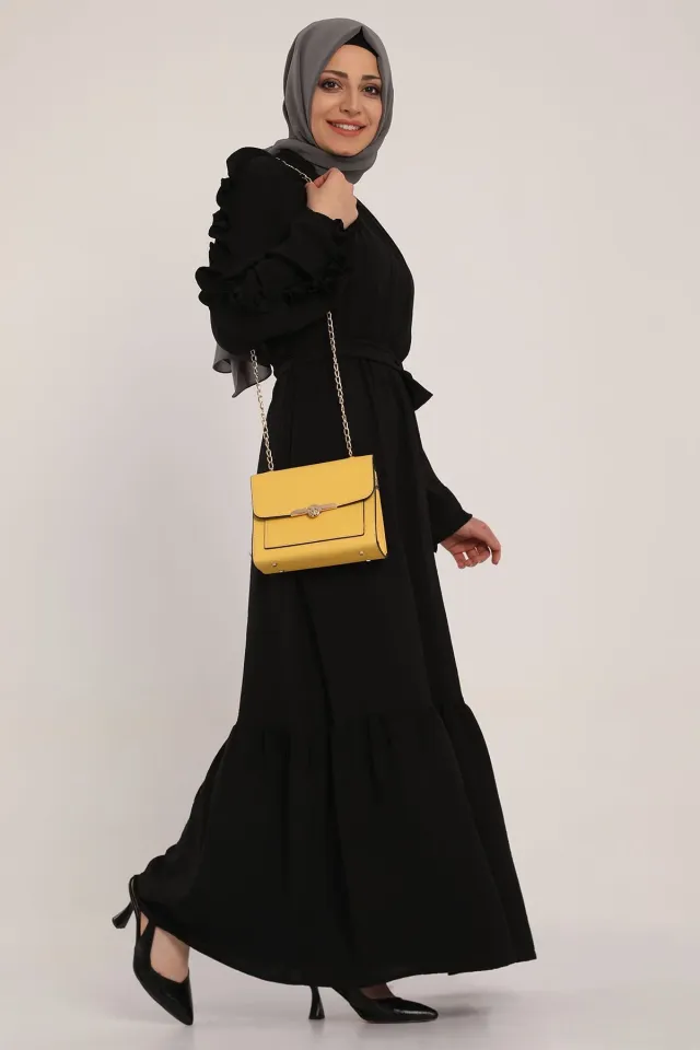 Kadın Kol Fırfır Detaylı Beli Kuşaklı Uzun Elbise Siyah