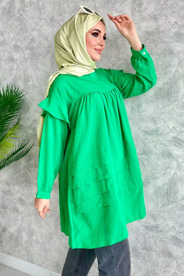 Kadın Kol Fırfırlı Etek Katlı Tesettür Tunik Yeşil