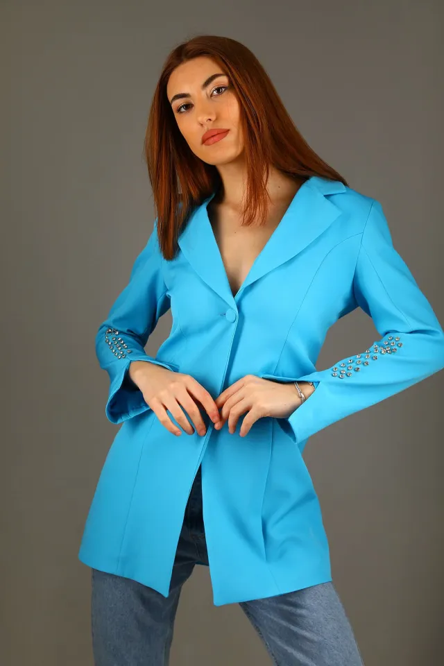 Kadın Kol Taş Detaylı Sahte Cepli Uzun Blazer Ceket Mavi
