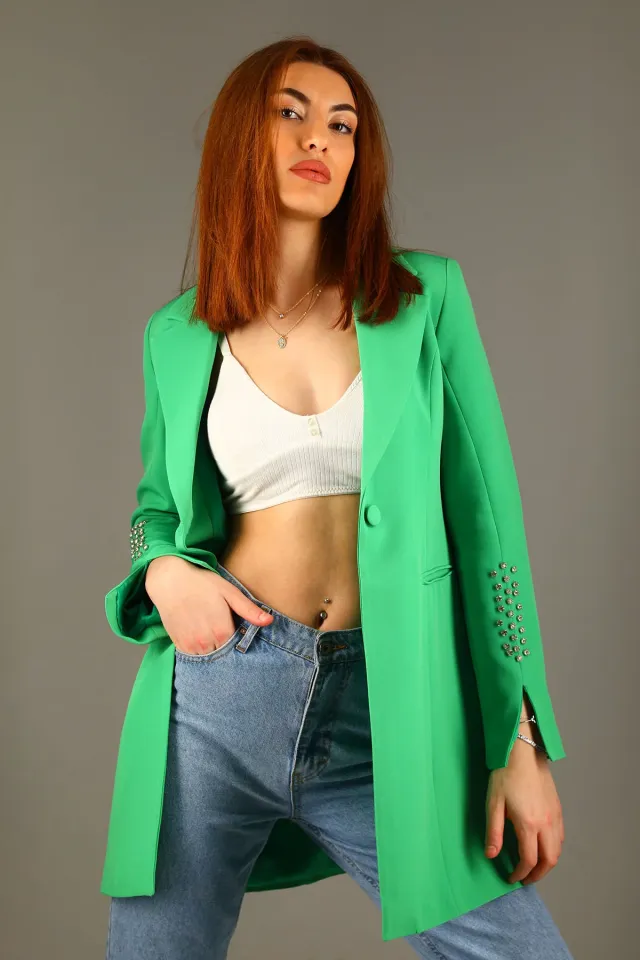 Kadın Kol Taş Detaylı Sahte Cepli Uzun Blazer Ceket Yeşil
