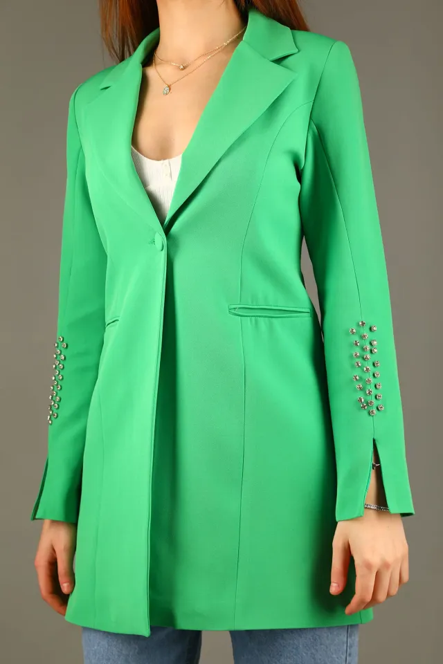 Kadın Kol Taş Detaylı Sahte Cepli Uzun Blazer Ceket Yeşil