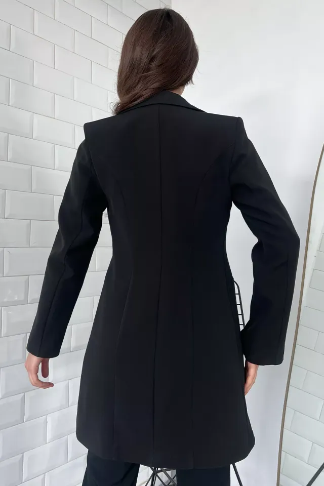 Kadın Kol Taş Detaylı Sahte Cepli Uzun Blazer Ceket Siyah