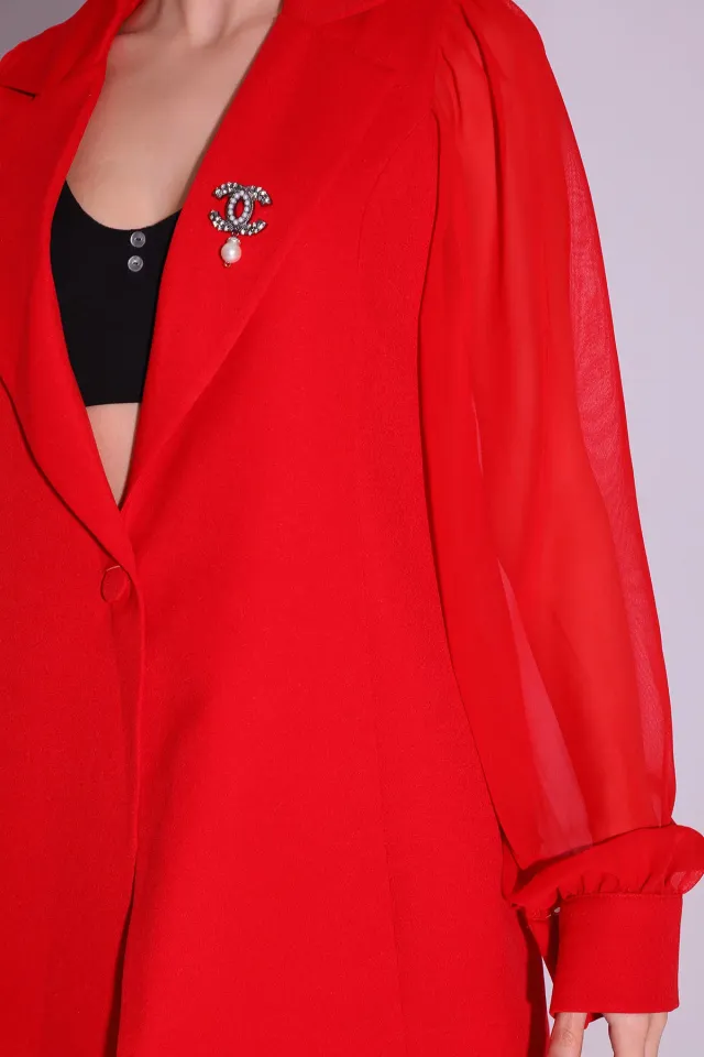 Kadın Kol Tül Detaylı İç Astarlı Ceket Kırmızı