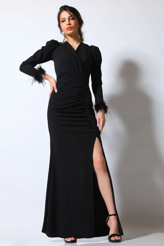 Kadın Kol Tüylü Drapeli Abiye Elbise Siyah