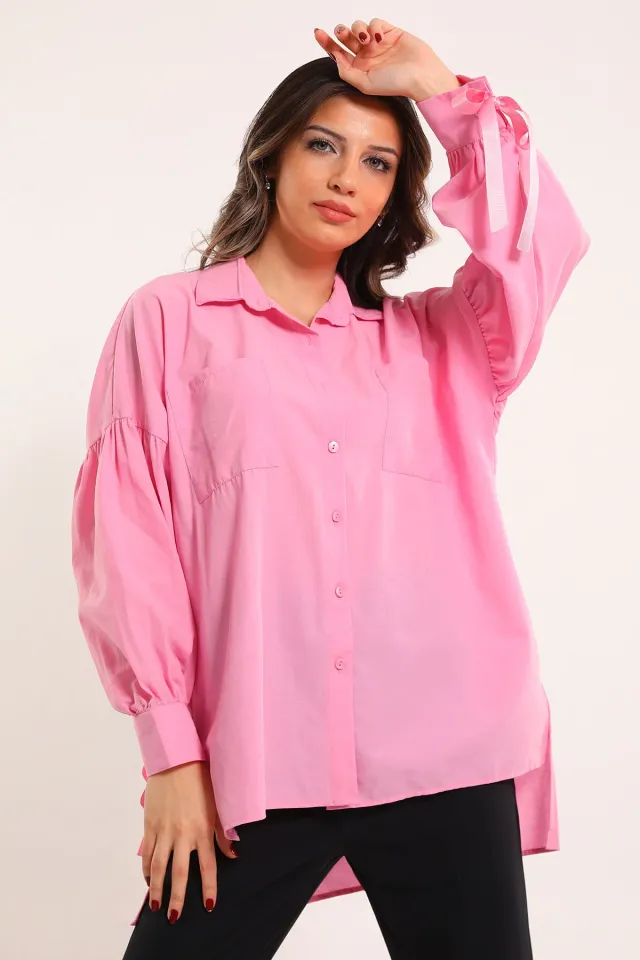 Kadın Kol Ucu Bağlamalı Salaş Tunik Gömlek Pembe