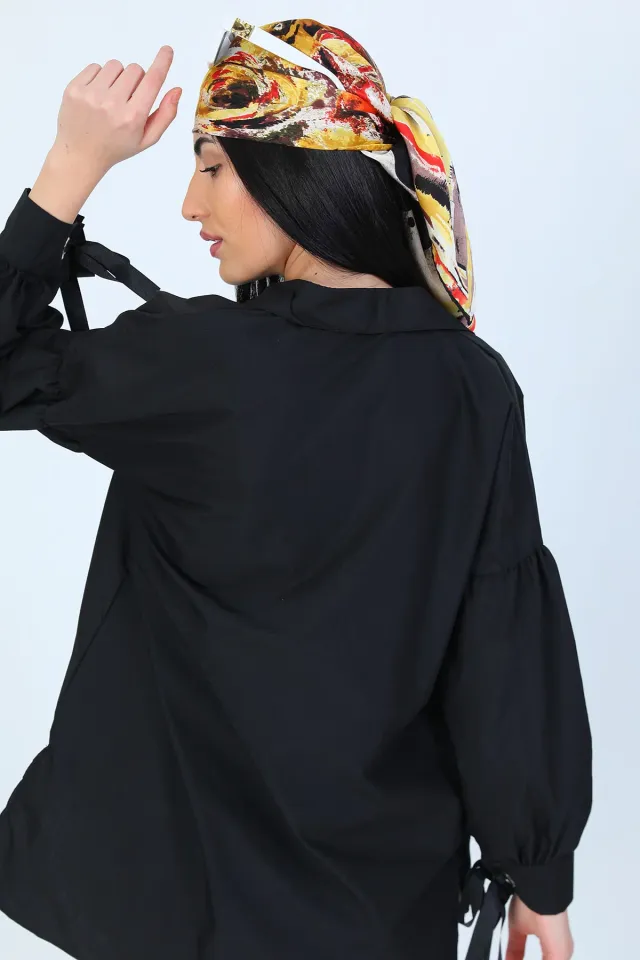 Kadın Kol Ucu Bağlamalı Salaş Tunik Gömlek Siyah