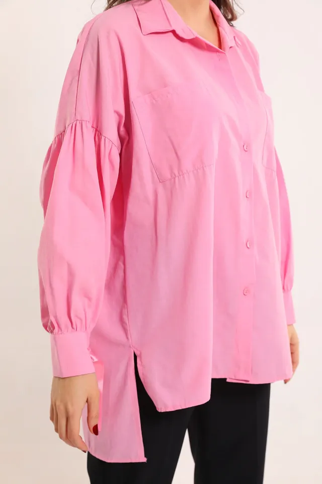 Kadın Kol Ucu Bağlamalı Salaş Tunik Gömlek Pembe