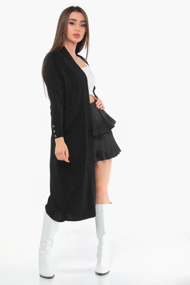 Kadın Kol Ucu Düğmeli Triko Uzun Hırka Siyah