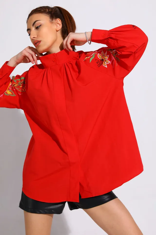 Kadın Kol Ve Sırt Baskı Detaylı Salaş Gömlek Kırmızı