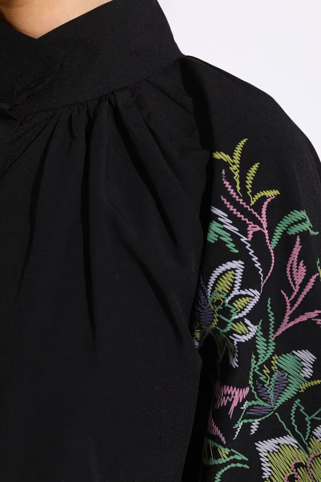 Kadın Kol Ve Sırt Baskı Detaylı Salaş Gömlek Siyah