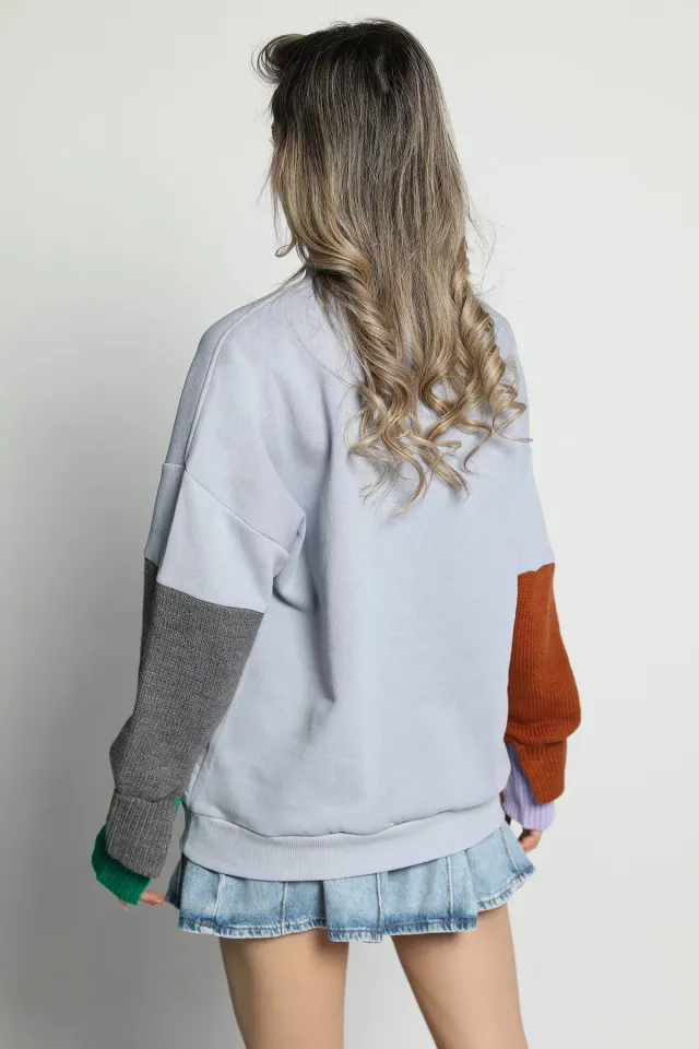 Kadın Kolları Triko Detaylı Sweatshirt Açıkmavi