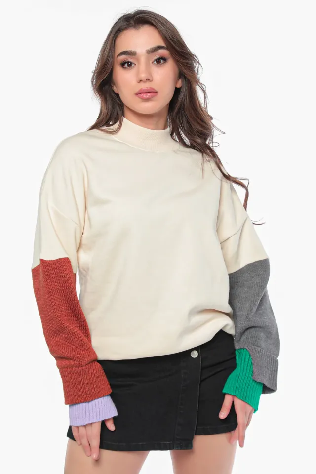 Kadın Kolları Triko Detaylı Sweatshirt Bej