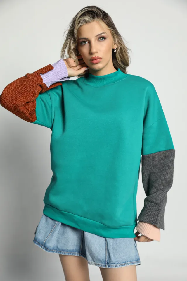 Kadın Kolları Triko Detaylı Sweatshirt Petrol