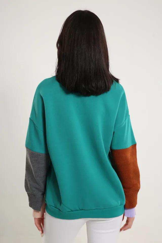Kadın Kolları Triko Detaylı Sweatshirt Petrol