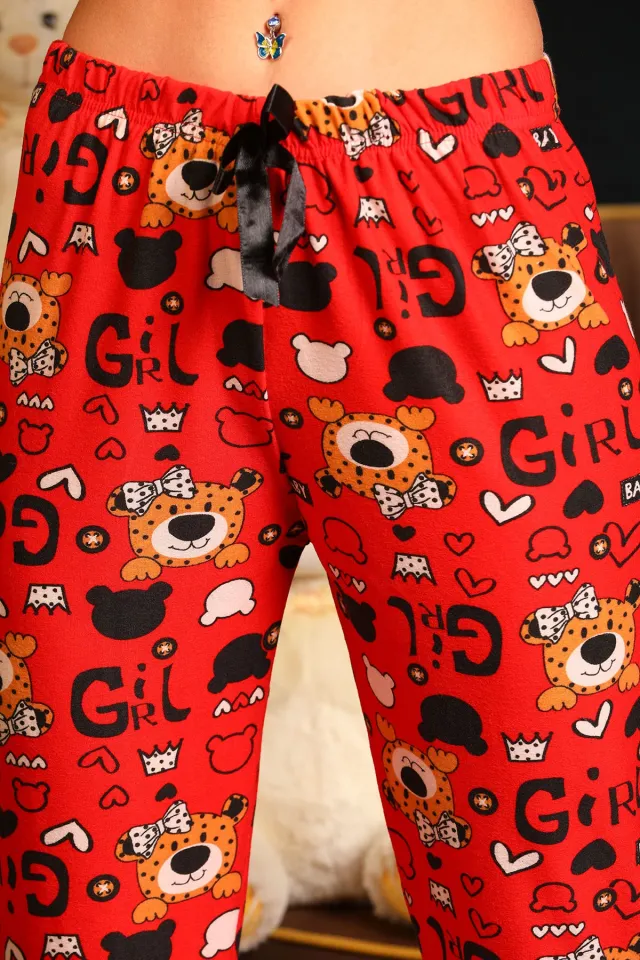Kadın Köpek Desenli Alt Pijama Kırmızı
