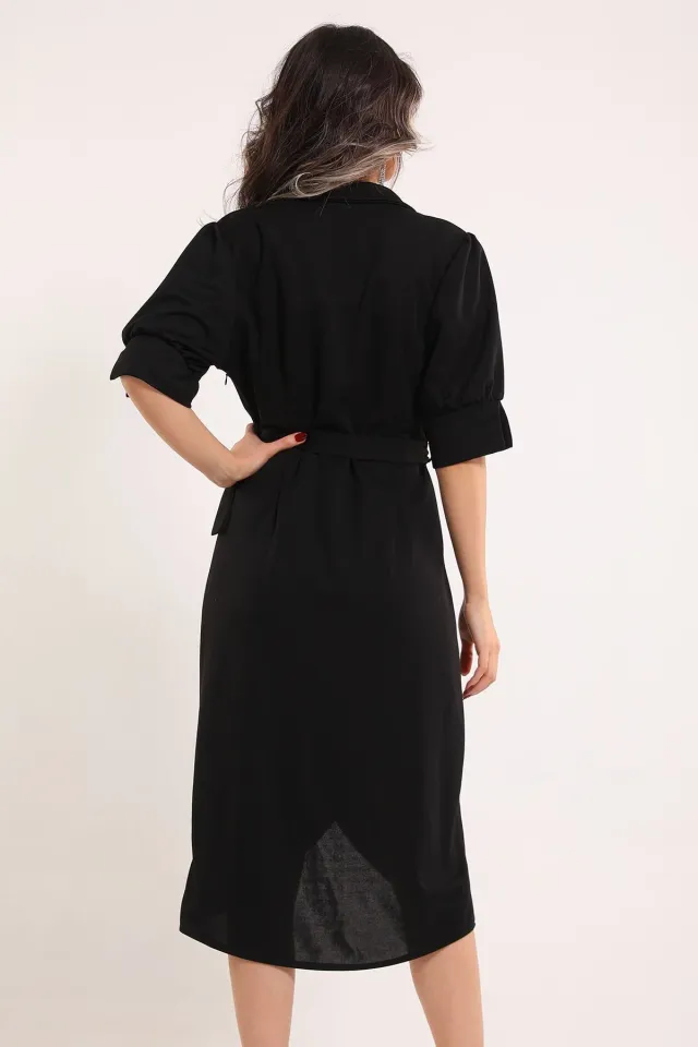 Kadın Kravuze Yaka Balon Kol Kemerli Abiye Elbise Siyah