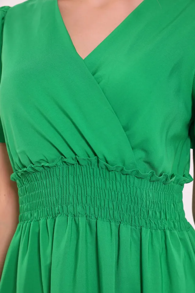 Kadın Kravuze Yaka Bel Lastikli Kısa Kollu Elbise Yeşil