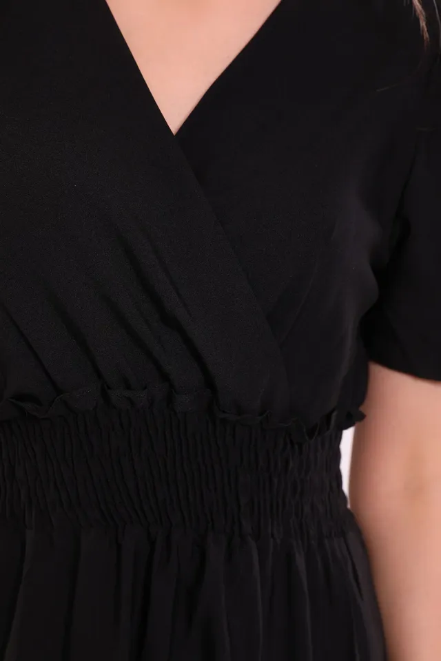 Kadın Kravuze Yaka Bel Lastikli Kısa Kollu Elbise Siyah