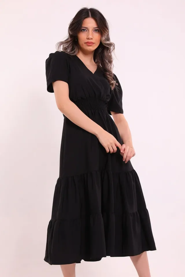 Kadın Kravuze Yaka Bel Lastikli Kısa Kollu Elbise Siyah