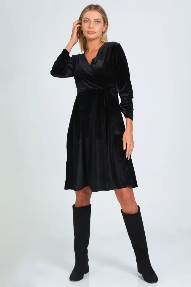 Kadın Kravuze Yaka Kadife Abiye Elbise Siyah