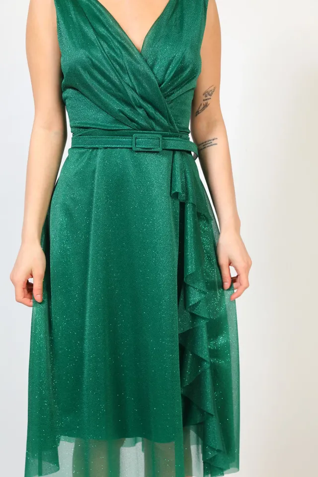 Kadın Kravuze Yaka Kemerli Abiye Elbise Yeşil