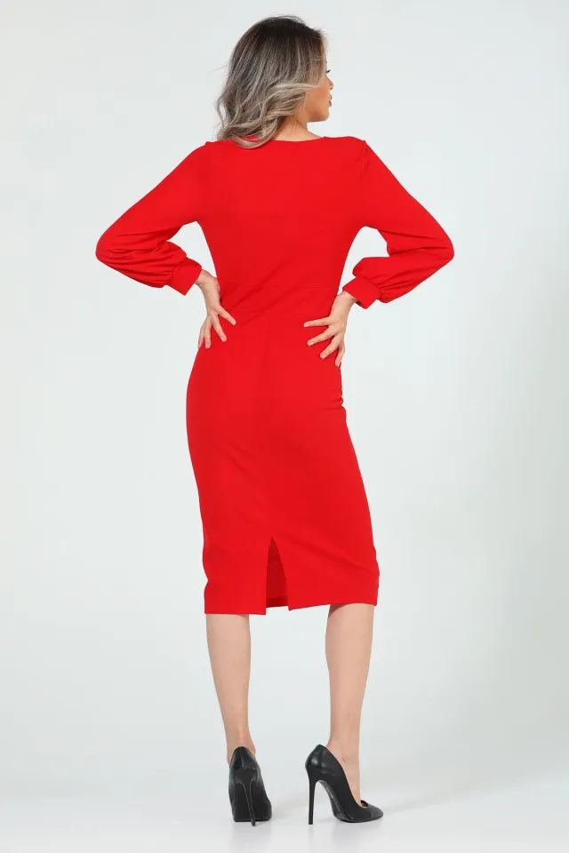 Kadın Kravuze Yaka Midi Boy Elbise Kırmızı