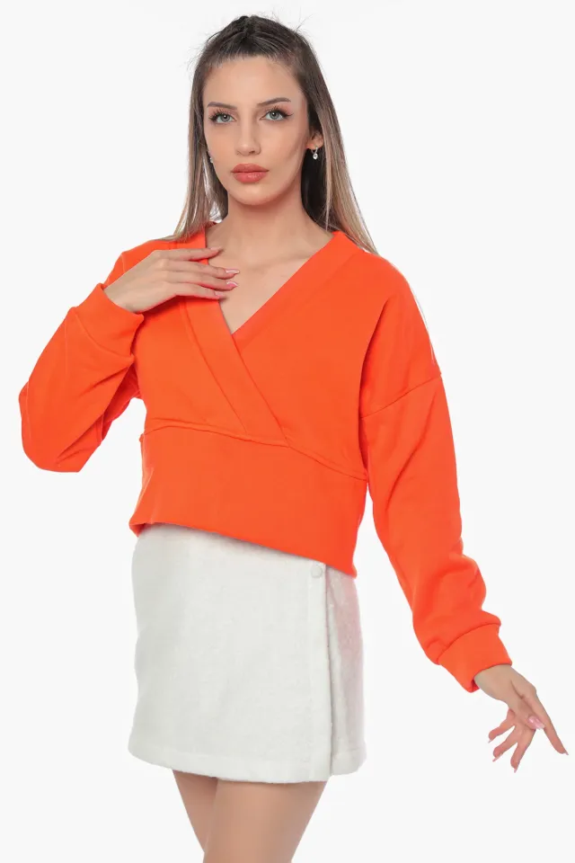 Kadın Kruvaze Yaka Şardonlu Sweatshirt Orange
