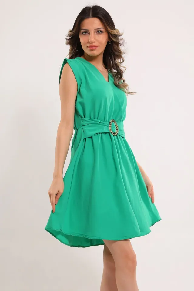 Kadın Kravuze Yaka Tokalı Elbise Yeşil