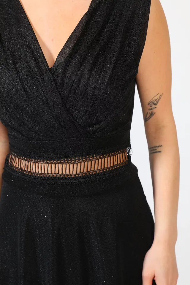 Kadın Kruvaze Yaka Astarlı Işıltılı Bel Detaylı Uzun Tül Abiye Elbise Siyah