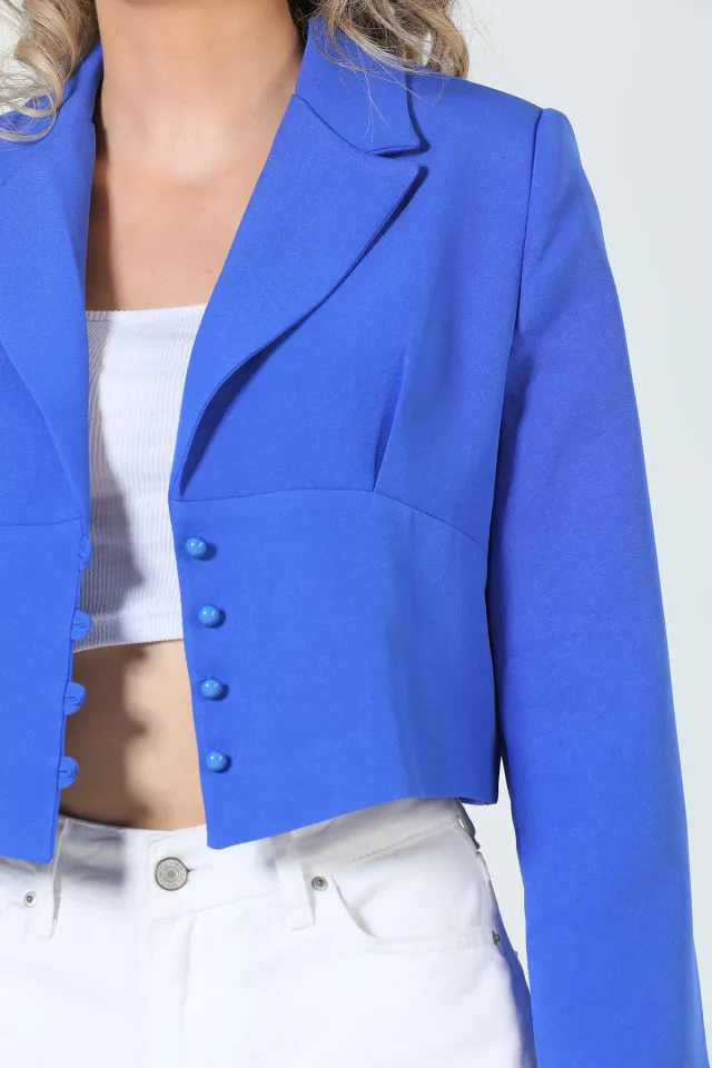 Kadın Kruvaze Yaka İç Astarlı Crop Blazer Ceket Saksmavisi