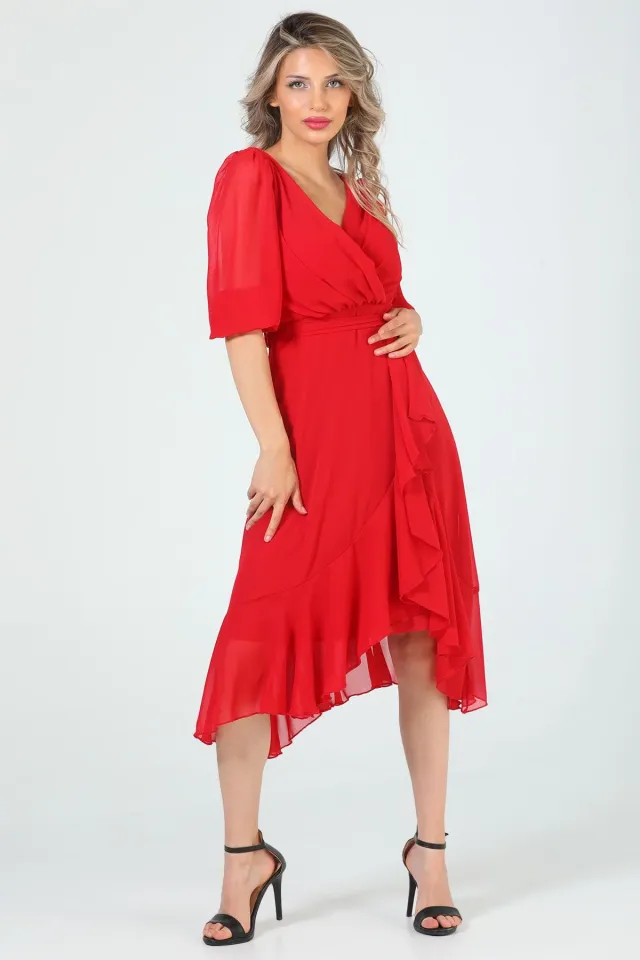 Kadın Kruvaze Yaka Kol Tüllü Bel Kuşak Detaylı Fırfırlı Abiye Elbise Kırmızı
