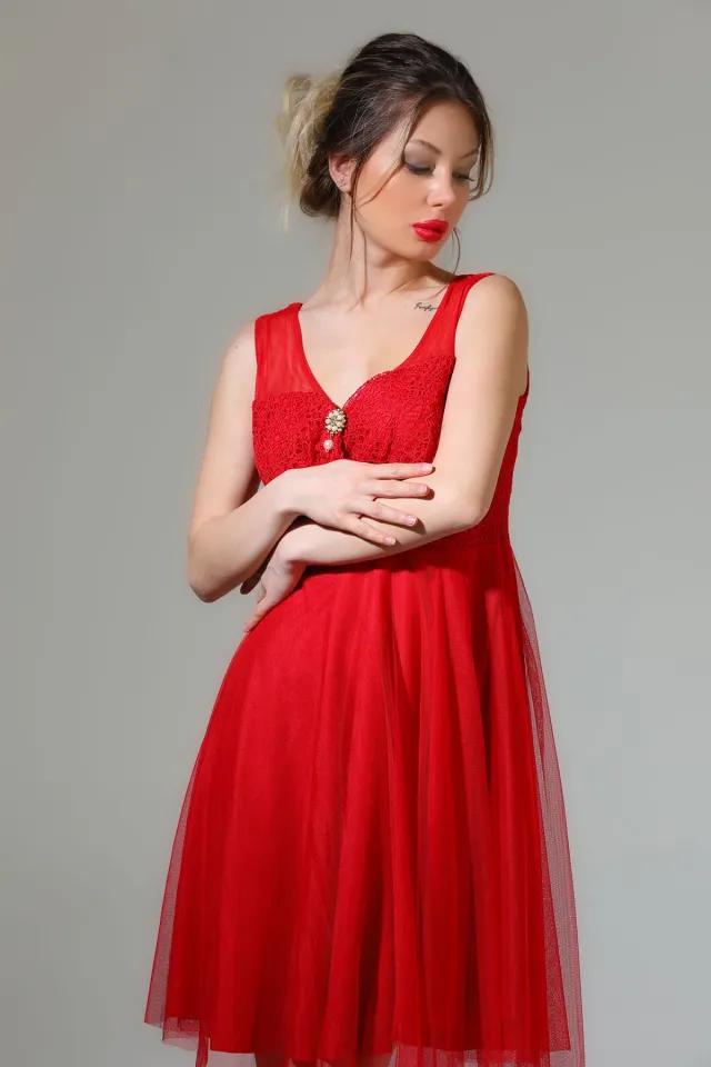 Kadın Kruvaze Yaka Ön Güpürlü Astarlı Tül Mini Abiye Elbise Kırmızı
