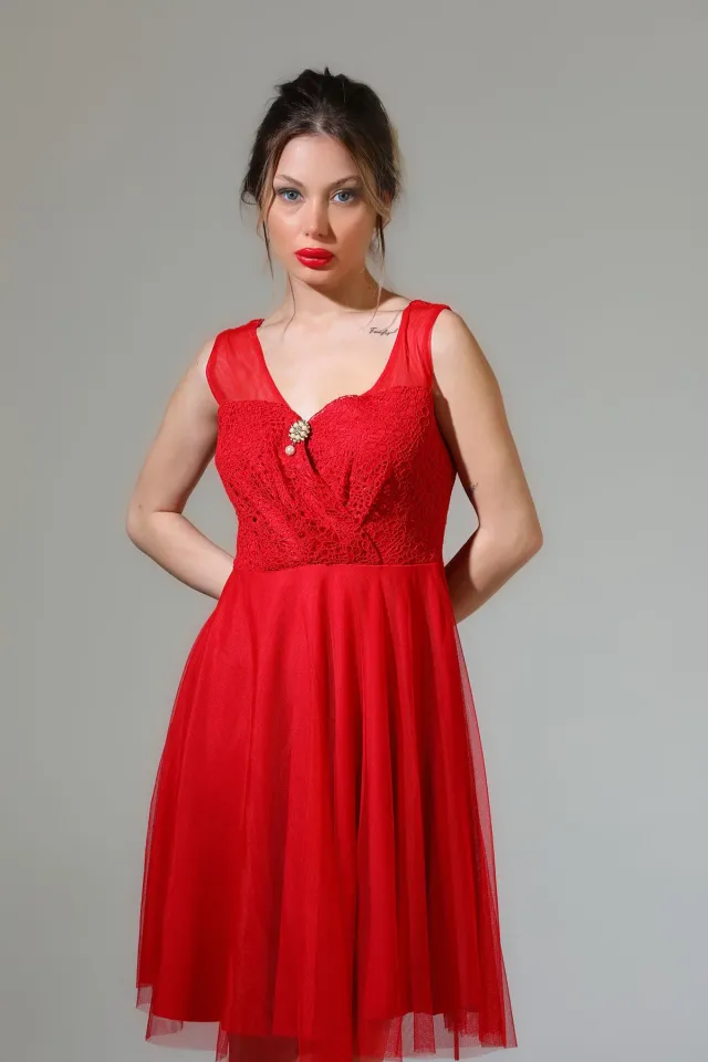 Kadın Kruvaze Yaka Ön Güpürlü Astarlı Tül Mini Abiye Elbise Kırmızı
