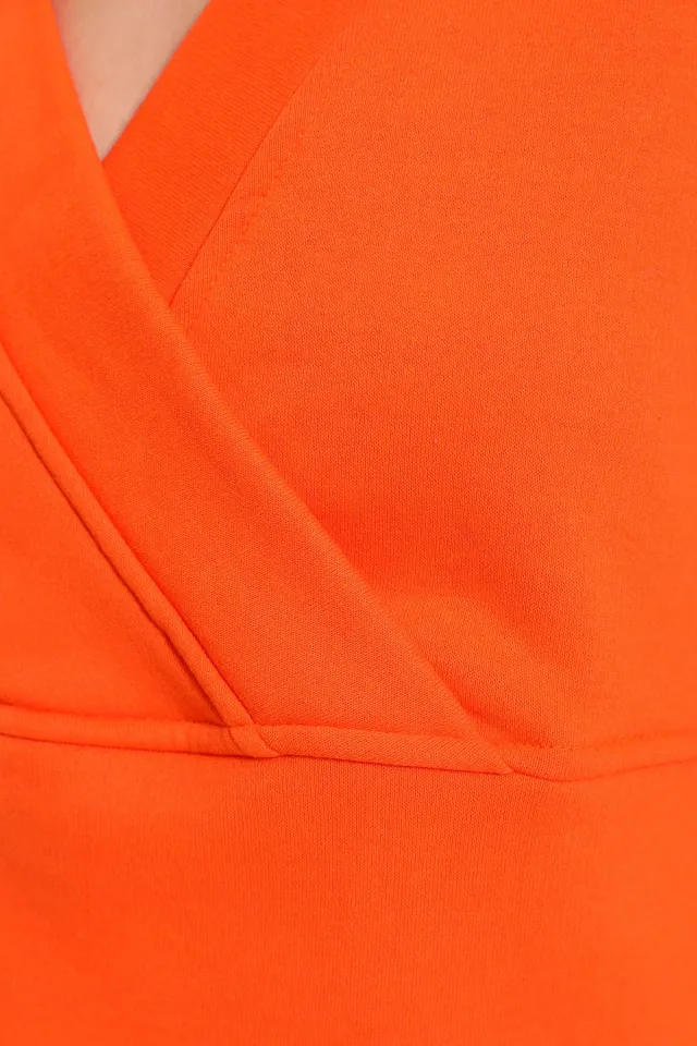 Kadın Kruvaze Yaka Şardonlu Crop Sweatshirt Orange
