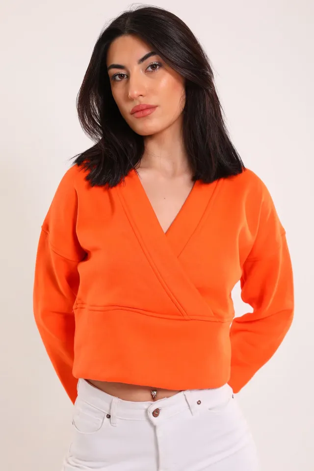 Kadın Kruvaze Yaka Şardonlu Crop Sweatshirt Orange