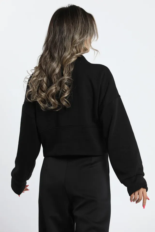 Kadın Kruvaze Yaka Şardonlu Sweatshirt Siyah