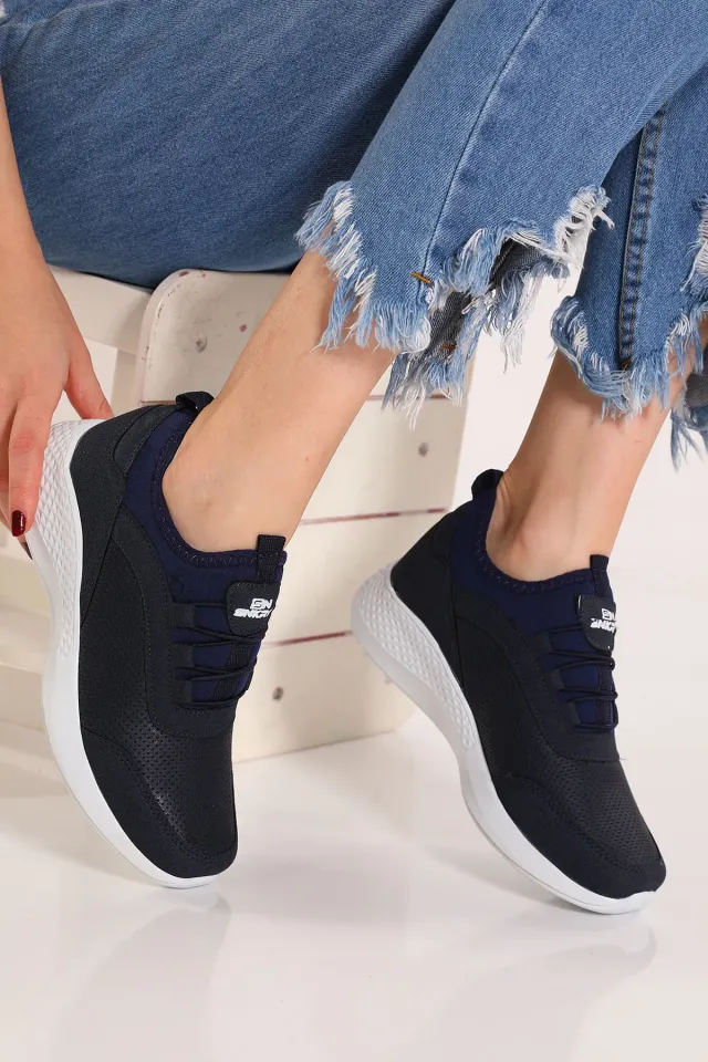 Kadın Lastik Bağcıklı Micro Fiber Günlük Spor Ayakkabı Lacivertbeyaz