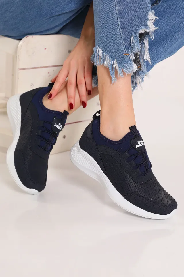 Kadın Lastik Bağcıklı Micro Fiber Günlük Spor Ayakkabı Lacivertbeyaz
