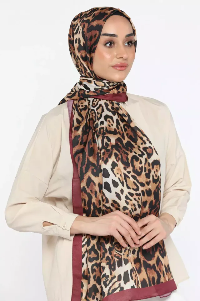 Kadın Leopar Desen Bonjela Soft Şal Bordo