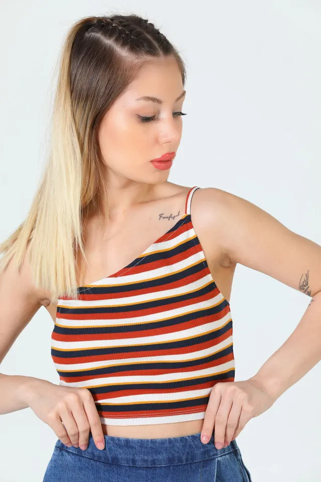 Kadın Likralı Asimetrik Yaka İp Askılı Crop Body Bluz Kiremit
