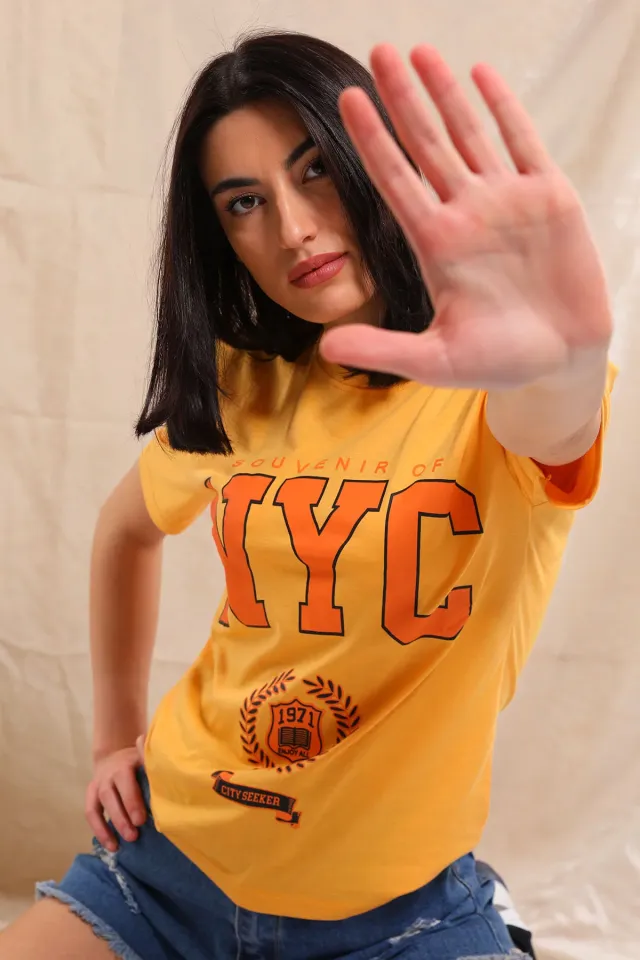 Kadın Likralı Baskılı T-shırt Koyu Sarı Orange